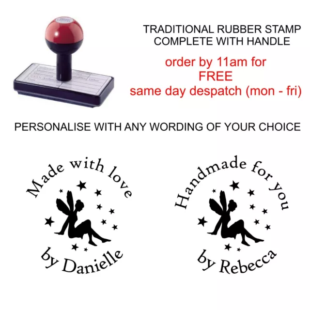 Personalised Handmade By Rubber Stamp Bespoke Fairy Image And Your Name Business