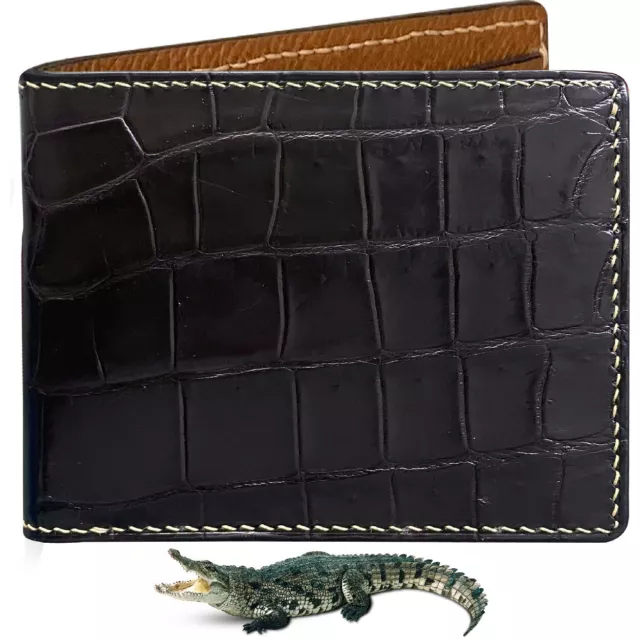 Gift Idea Men's Crocodile Leather Wallet Premium Thin Bifold Hand Sewing Secure