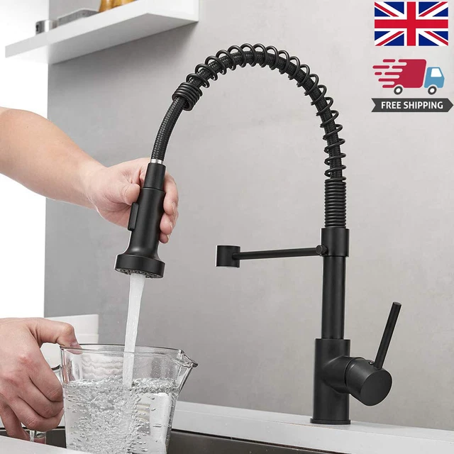 Black 360° Kitchen Sink Mixer Tap Commercial Single Handle Pull Down Sprayer UK
