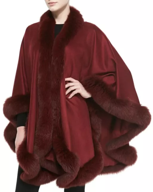 $1696 Sofia Cashmere Women's Burgundy Fur Cashmere Cape One Size