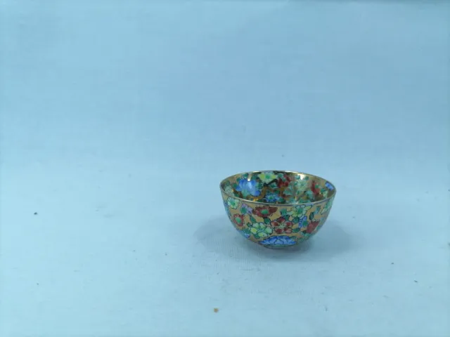Cloisonne Asian Chinese Small Miniature Bowl Bruise Dent Blue Yellow Red Flower
