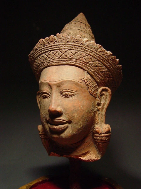 Rare Khmer Terracotta Head Of A Female Deity, Angkor Wat 'Bayon' Style. Cambodia