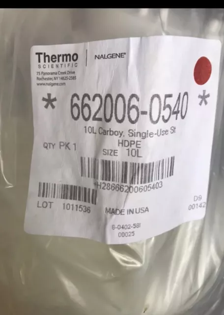 NEW THERMO SCIENTIFIC Nalgene 2.5 Gallon Carboy w Handles 10 L liter