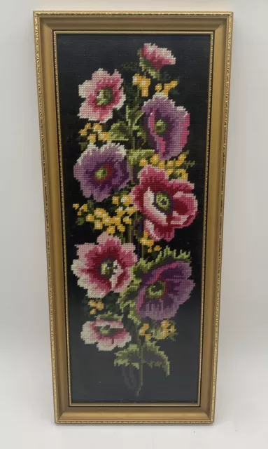 Vintage Hand Made Framed Cross Stitch Picture Floral Flowers 21x51cm