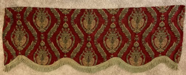 Valance burgundy red gold damask scalloped w/fringe 18" x 54"