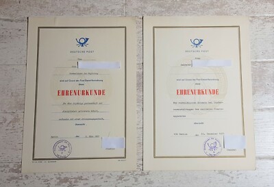 2X EHRENURKUNDE FERNMELDEAMT der Regierung Berlin DDR Deutsche Post EUR