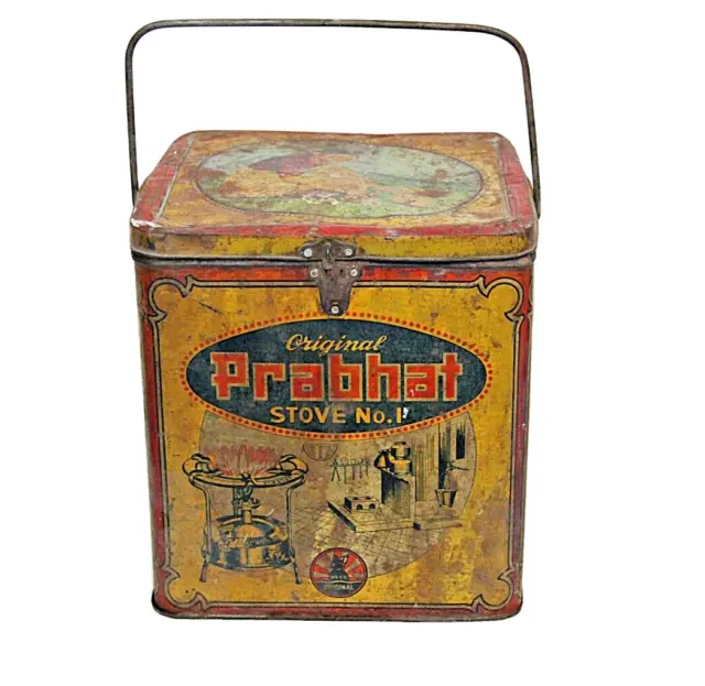 Old Vintage Prabhat Stove No. 1 Adv Iron Tin Box with Handle, Stove Carrying Box