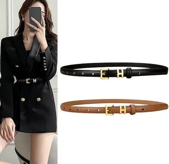 Women Belt-H Slim belt - Leather belt- One Size- Adjustable length