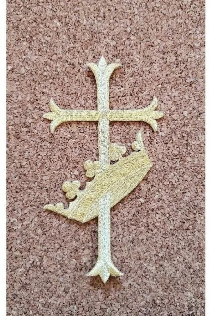 Gold Metallic Latin Fleur Cross W/Crown - Embroidered Iron On Applique Patch