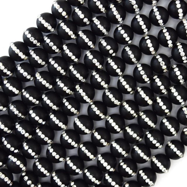 8mm matte black onyx round beads with rhinestone inlaid 15" strand