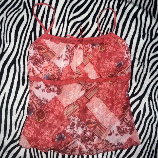 Y2k Vtg Sheer Mesh Printed Red Milkmaid Cami Lace