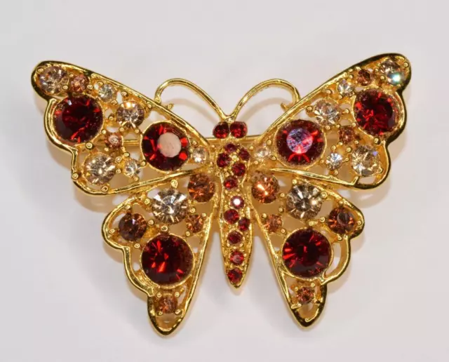 Vintage Goldfarben Rot Strass Schmetterling Form Anstecknadel Brosche