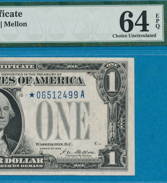 $1.00 1928 Star Funny Back  Blue Seal Silver Certificate  Pmg  Choice New 64Epq