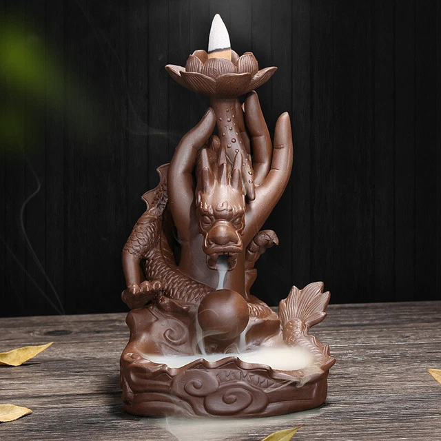20cm Purple Clay Dragon Backflow Incense Burner Fragran Cones Incense Holder