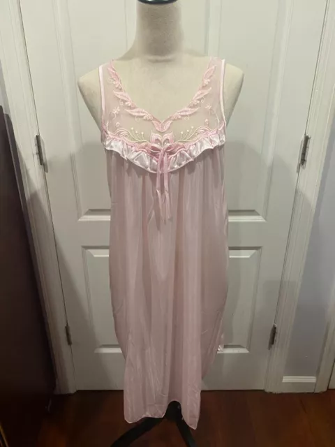 Women Lt Pink Silky Slvless Nightgown with Lace Floral Design XL 36"Lx21"W