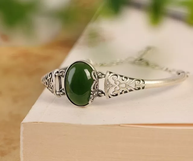 I03 elegantes Armband Rankenmuster und grüne Jade Sterling Silber 925