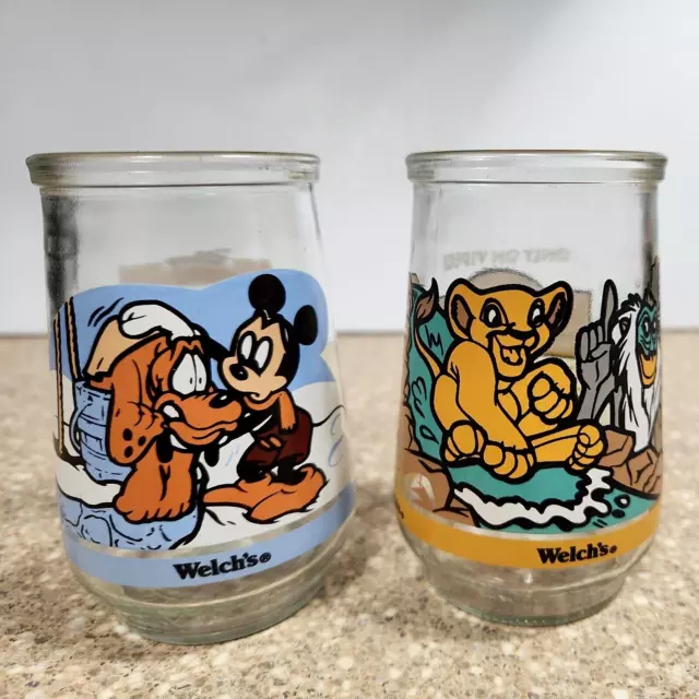 VTG Lot 2 Welch's Jelly Jar Glasses Disney Mickey Pluto & Lion King Simba Rafiki