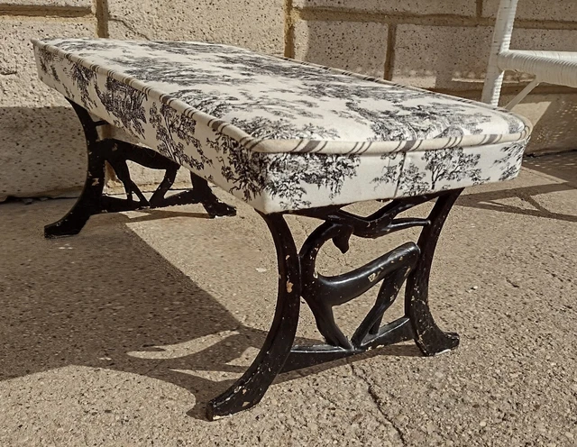 Antique Black Cast Iron Art Deco Neuveau Gazelle Foot Stool, Reupholstered
