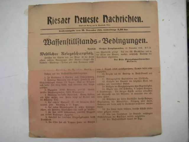 Flugblatt Riesa Waffenstillstands-Bedingungen 10.11.1918 Generalquartiermeister