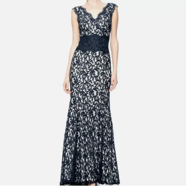 Tadashi Shoji Navy Sleeveless V Neck Lace Gown