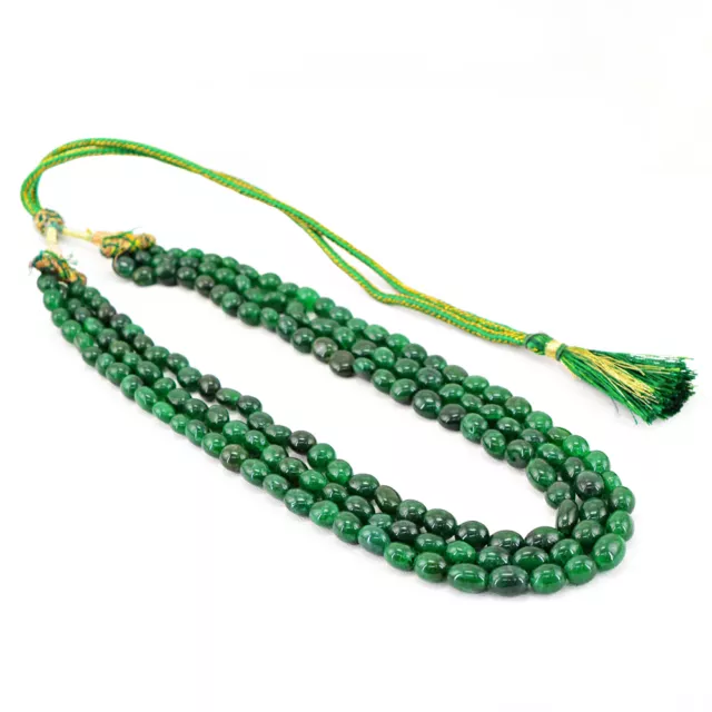 Amazing 3 Strand 417.50 Cts Earth Mined Rich Green Emerald Oval Beads Necklace