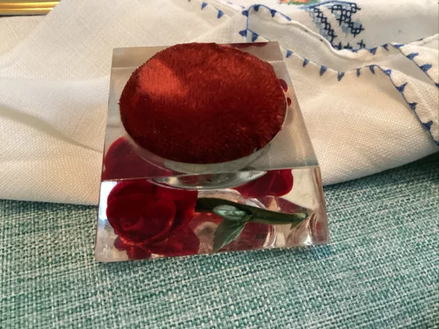 Vintage Clear Lucite Embedded With  Red Roses Velvet Pin Cushion