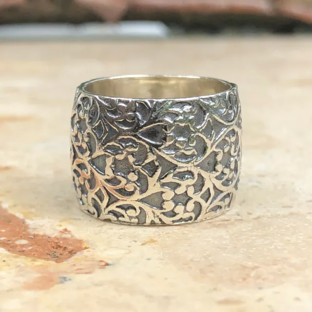 Sterling Silver Matte Textured Wide Floral Design Cigar Band Ring NEW Size 7