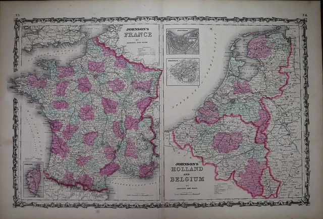 1862 Johnson's Atlas Map ~ FRANCE, HOLLAND, BELGIUM  (XL18x28)   Free S&H  -#853