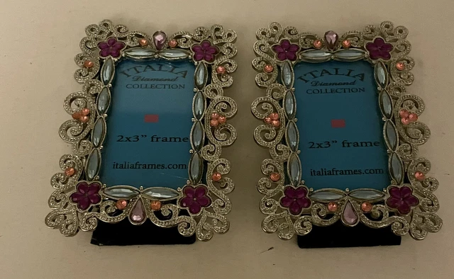 Vintage Picture Frame, Silver Blue pink stones Holds 2" x 3" Photo