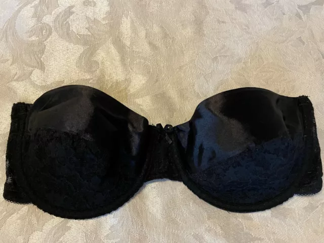 Vtg VASSARETTE 74-140 Strapless Second Skin Satin Lace Underwire Bra Black ~ 36C