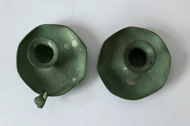 Vintage  pair small copper candle stick holders. Oxidised to green patina