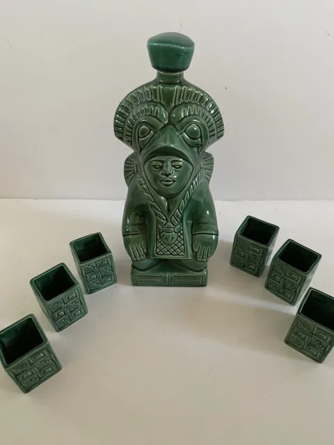 Unique Green Mayan Aztec Warrior Ceramic Decanter 6 Cups, 1960's? Vintage EUC