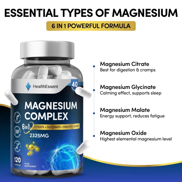 HEALTHESSENT MAGNESIUM GLYCINATE 6 in 1 Complex 2325mg 120 Capsules ...