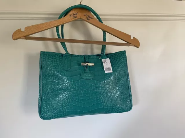 NWT Authentic Longchamp Roseau Croc Embossed Leather Tote Bag Turquoise 11
