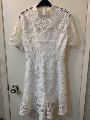 Jonathan Simkhai Truss Applique Short-Sleeve Mini Flare Dress - White, Size 6