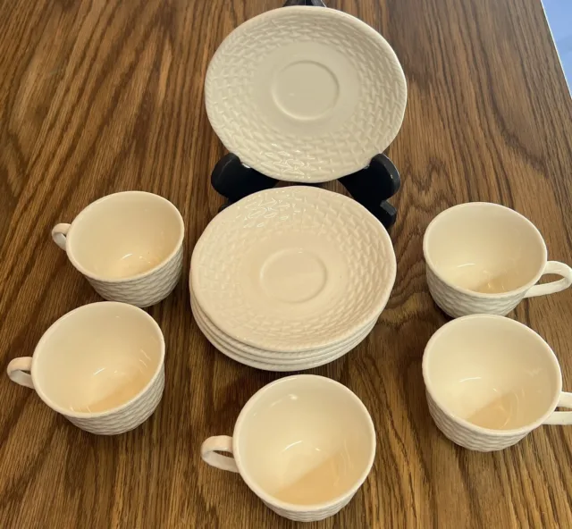 Vintage Mikasa Country Manor White Set Of 5 Tea Cups Demitasse Saucers Wicker 2