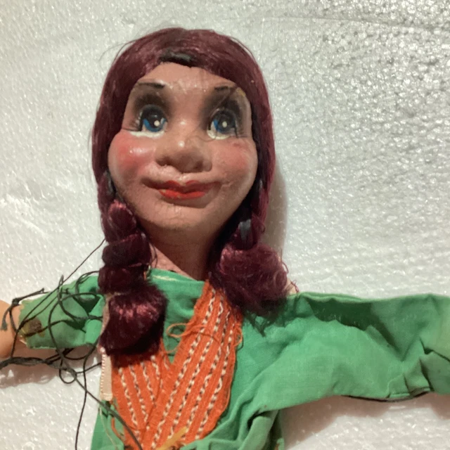 VINTAGE HAND MADE Mexican Girl Wooden Puppet w/ Strings Folk