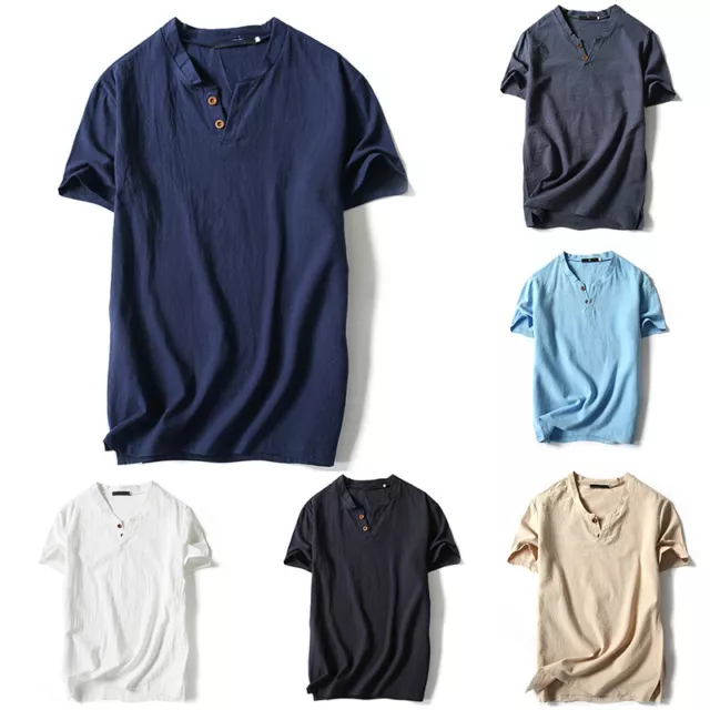 Retro Men Casual Cotton Linen Short Sleeve V-Neck T-shirt Top Blouse Tee Loose 2