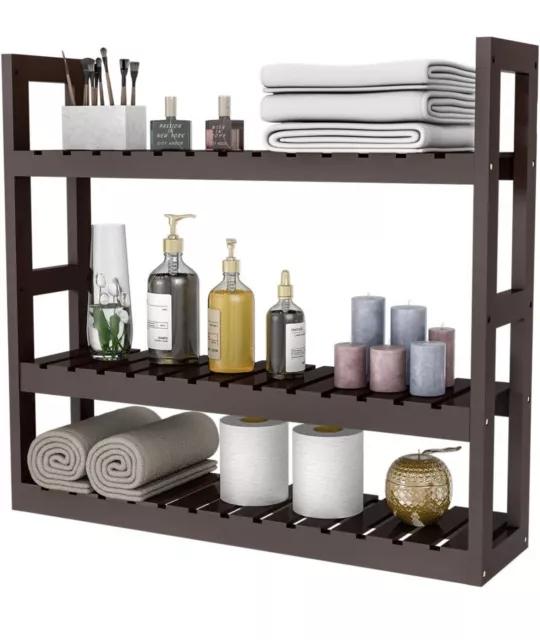 Bamboo Bathroom Shelf 3-Tier Wall Mount Storage Rack Multifunctional Dark Color