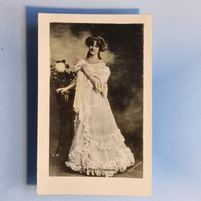 Edwardian Actress Postcard 1905 Miss Marie Studholme Flowing Blue Lace Gown