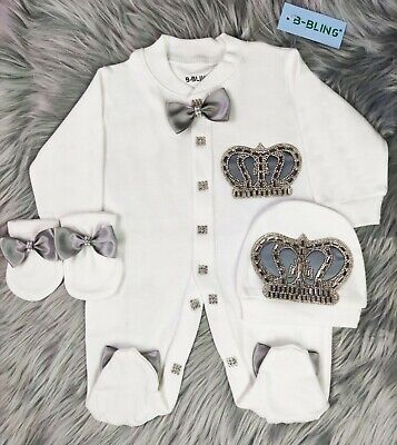 Personalizzato Royal Baby Boy Bianco Romper Set Con Fiocchi Grigio