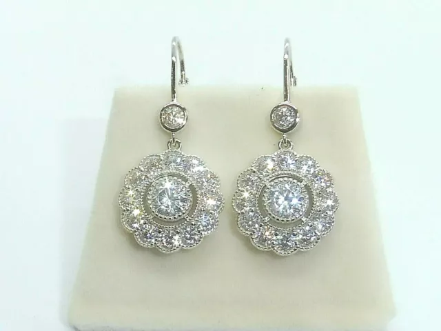 Ladies Victorian Design Solid 925 Silver White Sapphire Dangle Drop Earrings