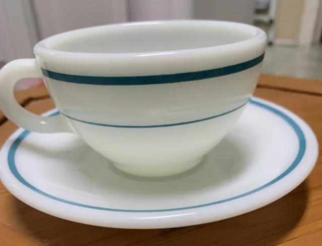 Corning Decor Cup and Saucer Teal Stripe Milk Glass MCM Restaurant Ware 701-23