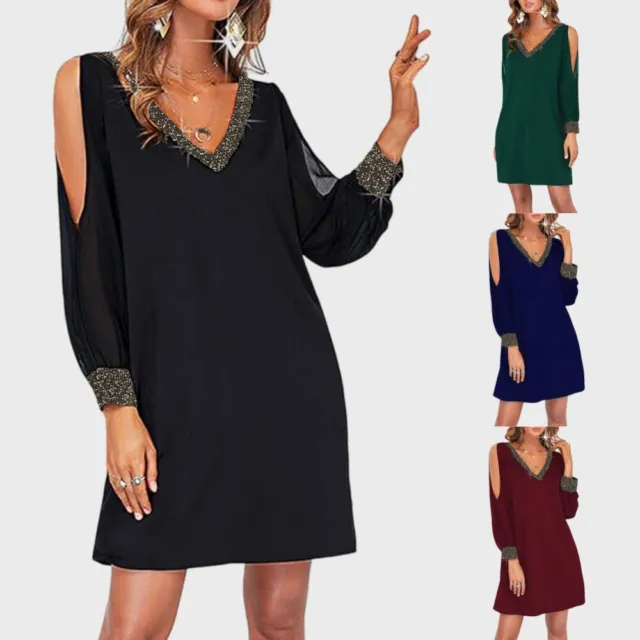 Womens Cold Shoulder Sequin Mini Dress Sexy Loose Cocktail Evening Party Dress