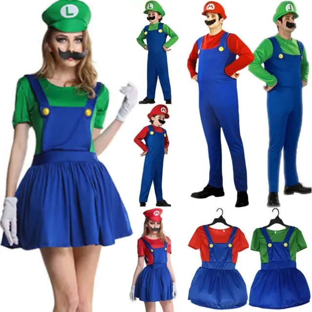 Adults Kids Super Mario Bros Luigi Cosplay Costume Festive Fancy Party Dress