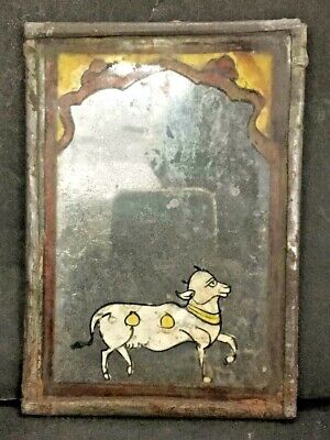 Antigua Vintage Raro Original Sagrada Animal Vaca Gujarat's Atrás Vidrio Pintura