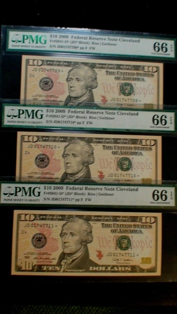 3 CONSECUTIVE 2009 CLEVELAND Ten Dollar PMG GEM UNC 66 EPQ STAR NOTES $10 BILLS!