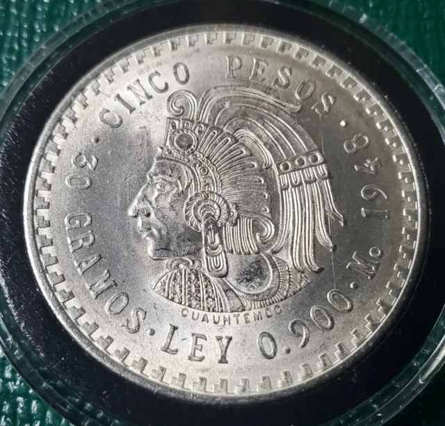 1948 Mexico Cinco Pesos Silver Cuauhtemoc Aztec Warrior GEM UNC