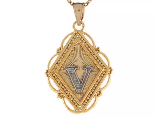 10k or 14k Two Tone Gold Unique Design Letter V Fancy Ladies Initial Pendant