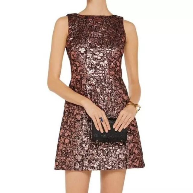 Alice & Olivia Dot Metallic Mini Dress Rose Gold Black Jacquard Sheath Sz 8